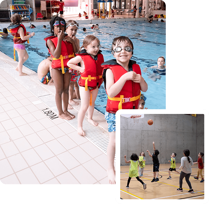 A group of children in life jackets playing basketball.